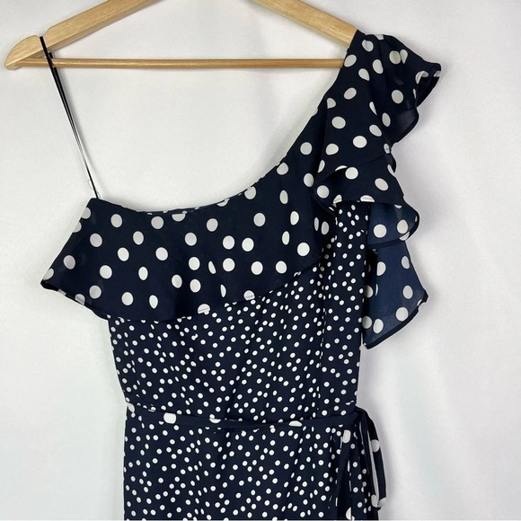 A New Day Navy Blue & White Polka Dot Ruffle One Shoulder Midi Dress XS - Picture 5 of 6
